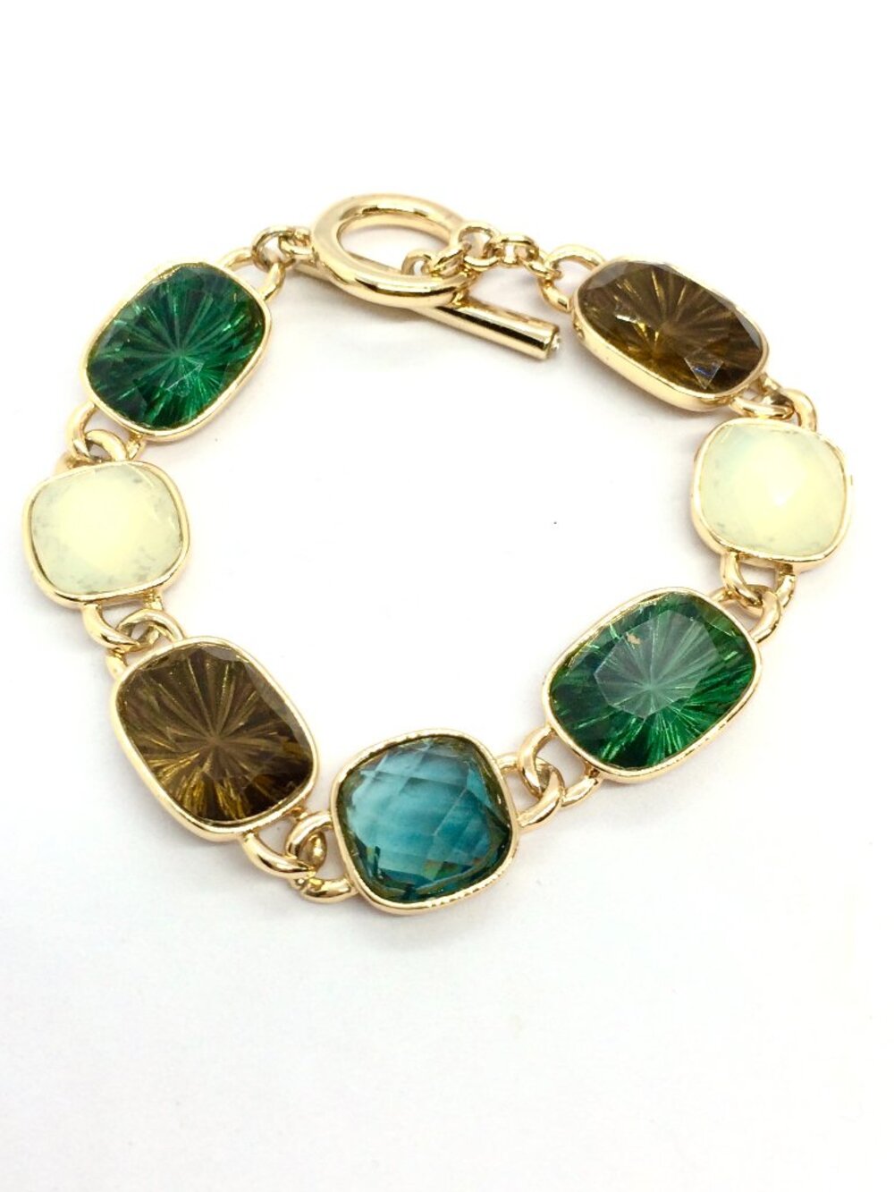 VINTAGE ANNE KLEIN Bracelet Green Brown Opaline Toggle Gold Tone